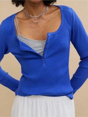 Aerie Essential Henley Layering T-shirt Ribbed Size XL Royal Blue | Y2K